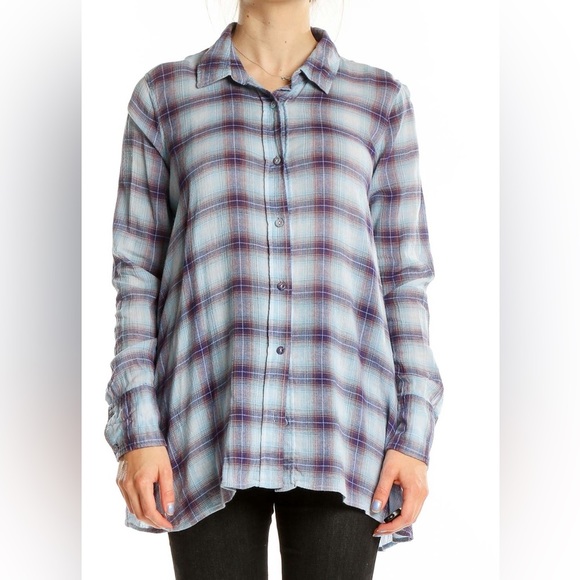 Free People Shirt Womens 0 Blue Purple Plaid Button Down 100% Cotton Lightweight - Picture 1 of 12